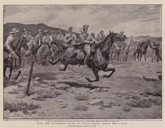 Com as tropas australianas na África do Sul, cavalgando por uma queda